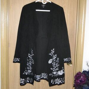 Curations Faux Suede Black Open Long Floral Embroidered Western Office Cardigan